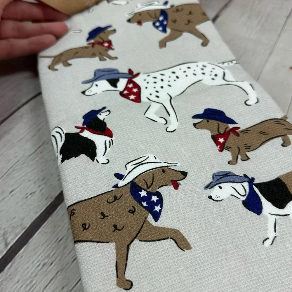 NWT truly lou americana cotton kitchen towel set of 3 with dogs in cowboy hats